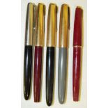 FIVE PARKER FOUNTAIN PENS WITH BEAK NIBS - BLACK BARREL WITH STEEL CAP, RED BARREL AND GOLD PLATED