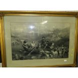 LARGE FRAMED AND MOUNTED BLACK AND WHITE PRINT OF HUNTING DOGS CROSSING RIVER, GLAZED AND IN A