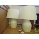 PAIR OF CERAMIC TABLE LAMPS IN PALE YELLOW CRACKLE GLAZE WITH SHADES