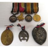 WWI BAR OF FOUR MINIATURE MEDALS WITH RIBBONS (A/F) INCLUDING BRAVERY IN THE FIELD, GREAT WAR FOR