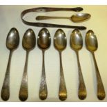 SIX GEORGIAN SILVER TEASPOONS WITH CHASED STEMS AND INITIALS, ONE OTHER SILVER TEASPOON AND PAIR