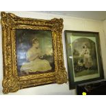 FRAMED COLOUR PRINT AFTER JOSHUA REYNOLDS OF GIRL FEEDING CHICKENS, TOGETHER WITH SIMULATED OIL