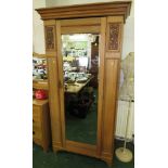 LIGHT WOOD SINGLE DOOR WARDROBE WITH MIRROR AND CARVED PANELS