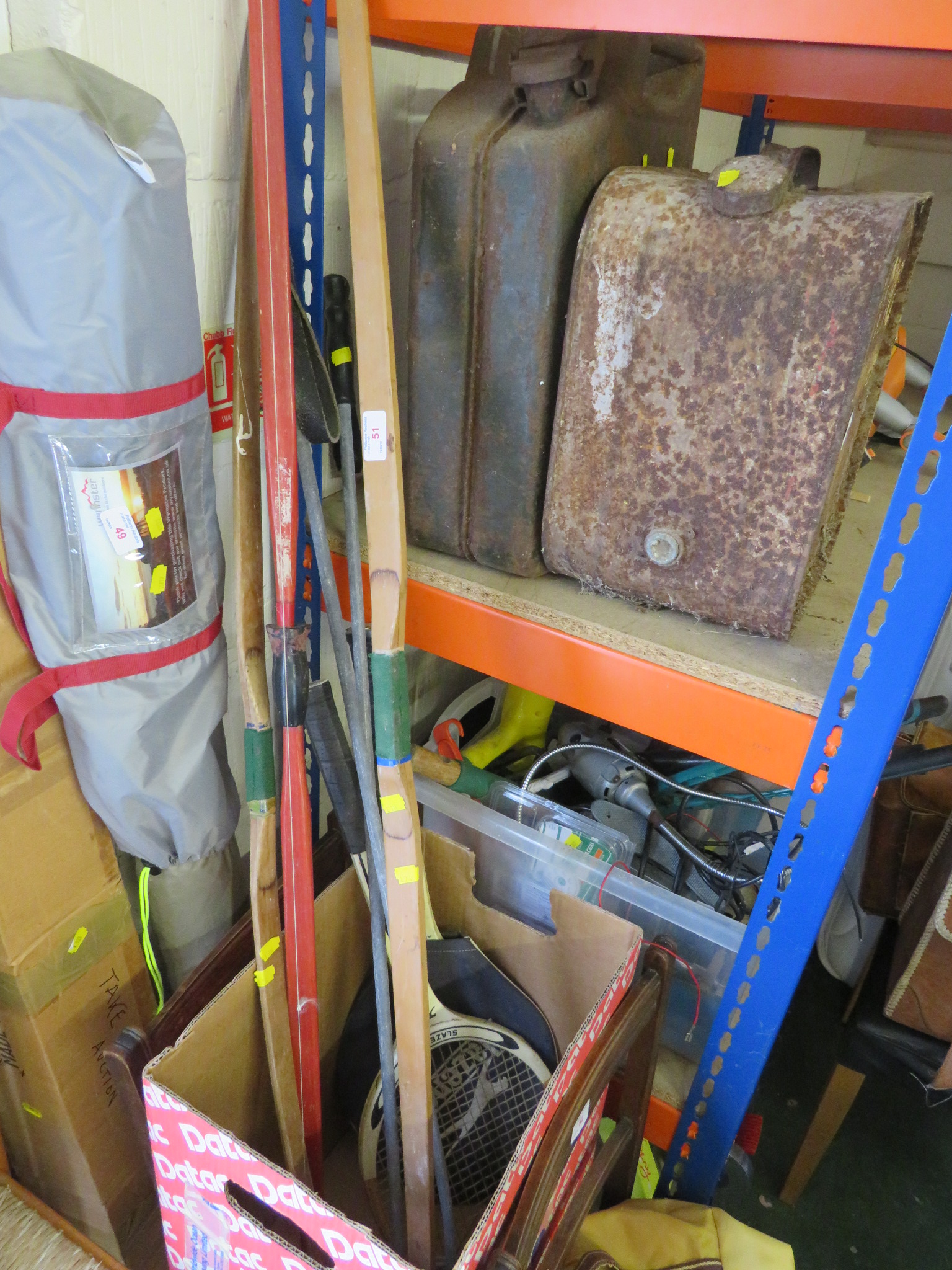 BOX WITH CONTENTS OF VINTAGE CHILDREN'S ARCHERY BOWS (DECORATIVE ITEMS ONLY), SKI POLES, TENNIS RAC