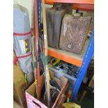 BOX WITH CONTENTS OF VINTAGE CHILDREN'S ARCHERY BOWS (DECORATIVE ITEMS ONLY), SKI POLES, TENNIS RAC