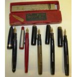 FIVE FOUNTAIN PENS - STEPHENS LEVERFILL, BROWN AND BLACK HARD RUBBER, NIB STAMPED '14CT'; MABIE TODD