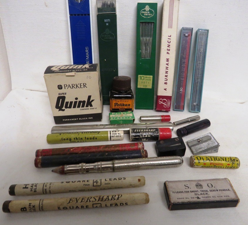 BAG OF ASSORTED VINTAGE MECHANICAL PENCIL LEADS IN CASES AND BOXES AND TWO BOTTLES OF FOUNTAIN PEN