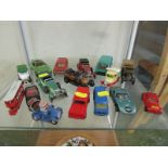 SHELF OF LOOSE PLAY WORN DIE-CAST VEHICLES INCLUDING MATCHBOX, CORGI AND DAYS GONE