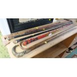 SELECTION OF ANTIQUE AND VINTAGE WALKING CANES, INCLUDING EBONISED CANE WITH GLASS BALL TOP AND CANE
