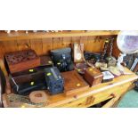 WOODEN BOXES, GREENKAT 8 X 40 BINOCULARS WITH CASE, TABLE MIRROR, FIRE BELLOWS, WOODEN