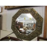 OCTAGONAL BEVEL EDGED WALL MIRROR IN EMBOSSED BRASS FRAME