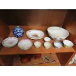 CERAMIC GINGER JAR, DECORATIVE CHINA BOWLS WITH CROSSED SWORD MARKS, FINGER BOWLS, ETC (ONE SHELF)