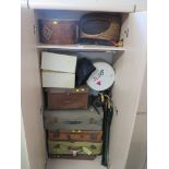 VINTAGE TRAVEL CASES, HAT BOXES, WALKING STICKS, UMBRELLAS AND WICKER BASKET (CONTENTS OF ONE