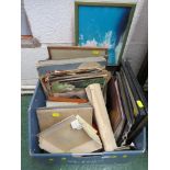 BOX OF MIXED BLACK AND WHITE PHOTOGRAPHS CONTAINED IN ALBUMS AND FRAMES, ASSORTED POSTCARDS,