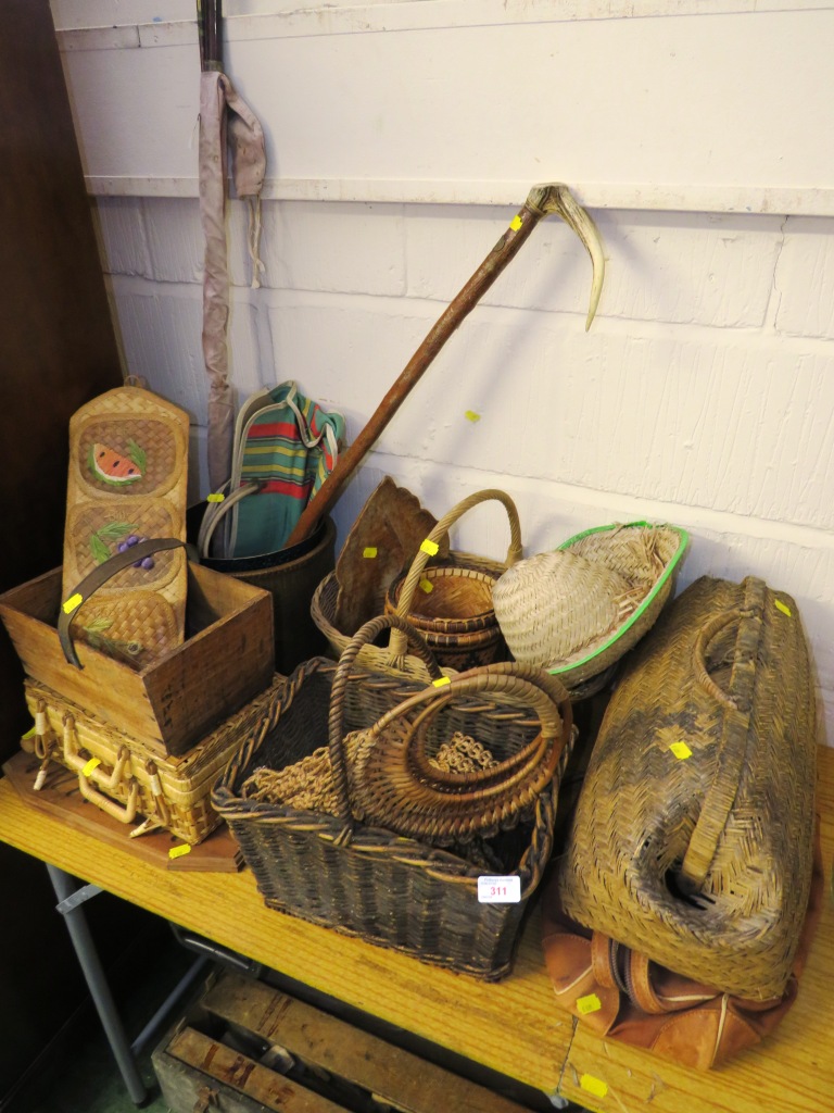 VINTAGE WICKER WARE INCLUDING BASKETS, TRUGS, DOCTOR'S STYLE BAG, HAT AND WALL HANGING, TOGETHER