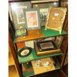 THREE SHELVES OF ANTIQUE AND VINTAGE PICTURE FRAMES INCLUDING BRASS ART NOUVEAU STYLE FRAME,