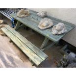 GREEN PAINTED WOODEN PICNIC BENCH WITH SEAT TO ONE SIDE