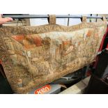 TAPESTRY WALL HANGING MOUNTED ON METAL POLE DEPICTING TOWN SCENE