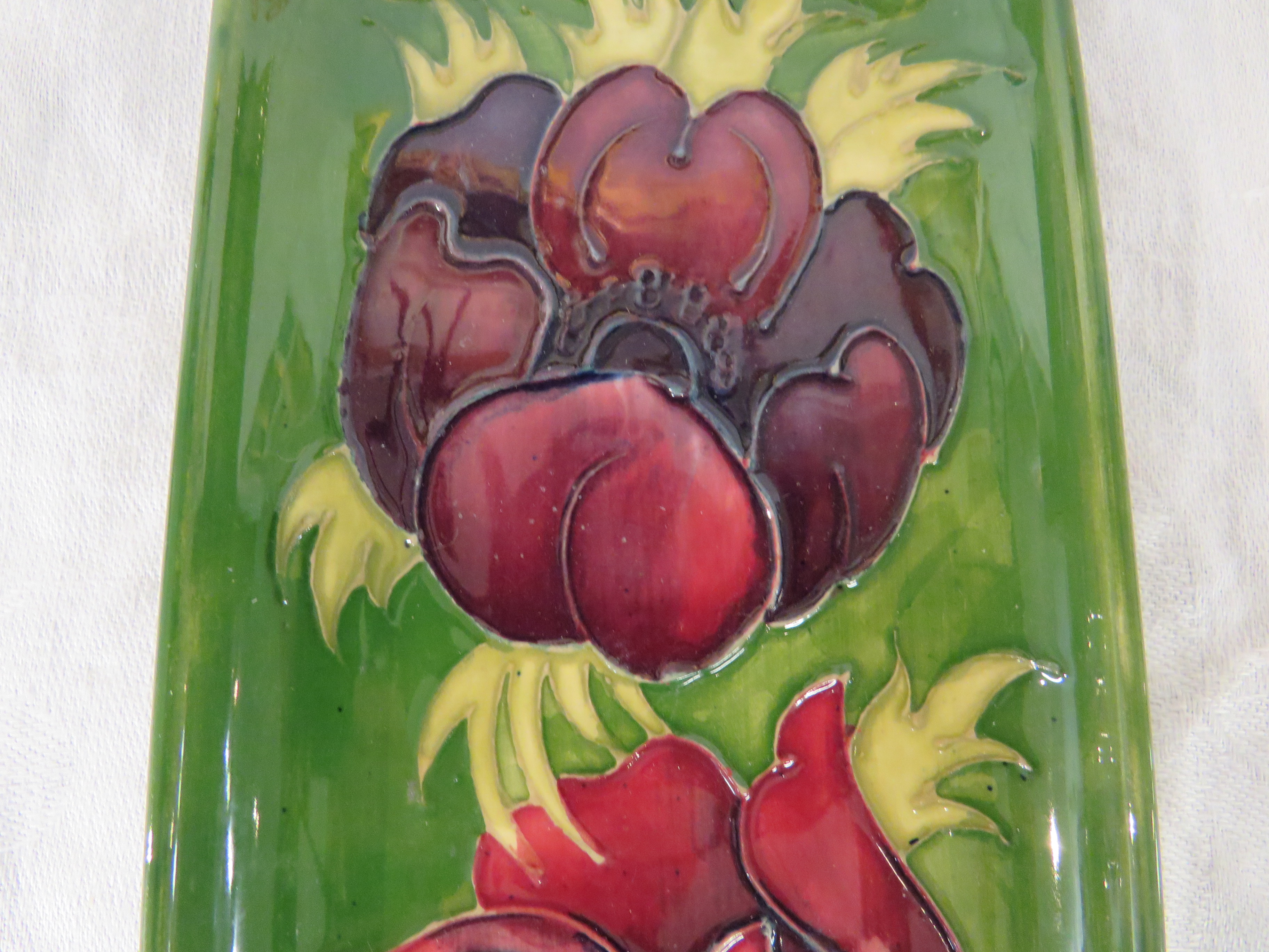 Moorcroft pottery oblong dish, green ground, tube lined decoration of crimson poppies, stamped MOOR - Image 3 of 5