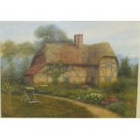 David Pritchard - thatched cottage and garden with well, watercolour, signed lower left, (25cm x