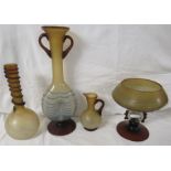 Four items of opaque brown studio glassware, the tallest a moonflask (height 35.5cm), also a bowl on