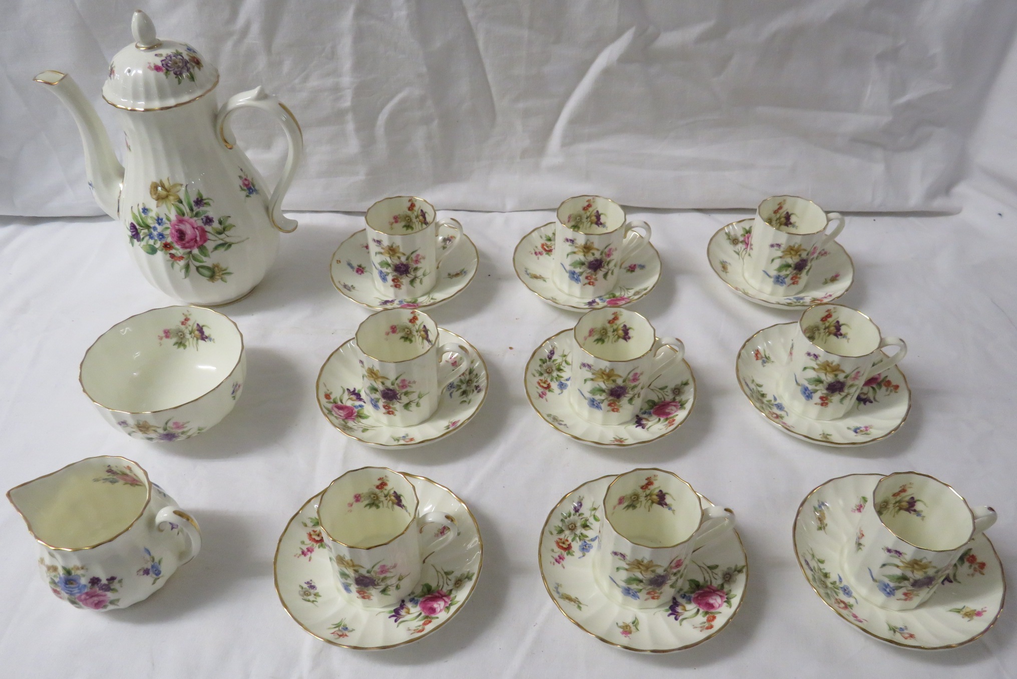 Royal Worcester Roanoke nine setting fluted coffee service with coffee pot, sugar bowl and milk jug,