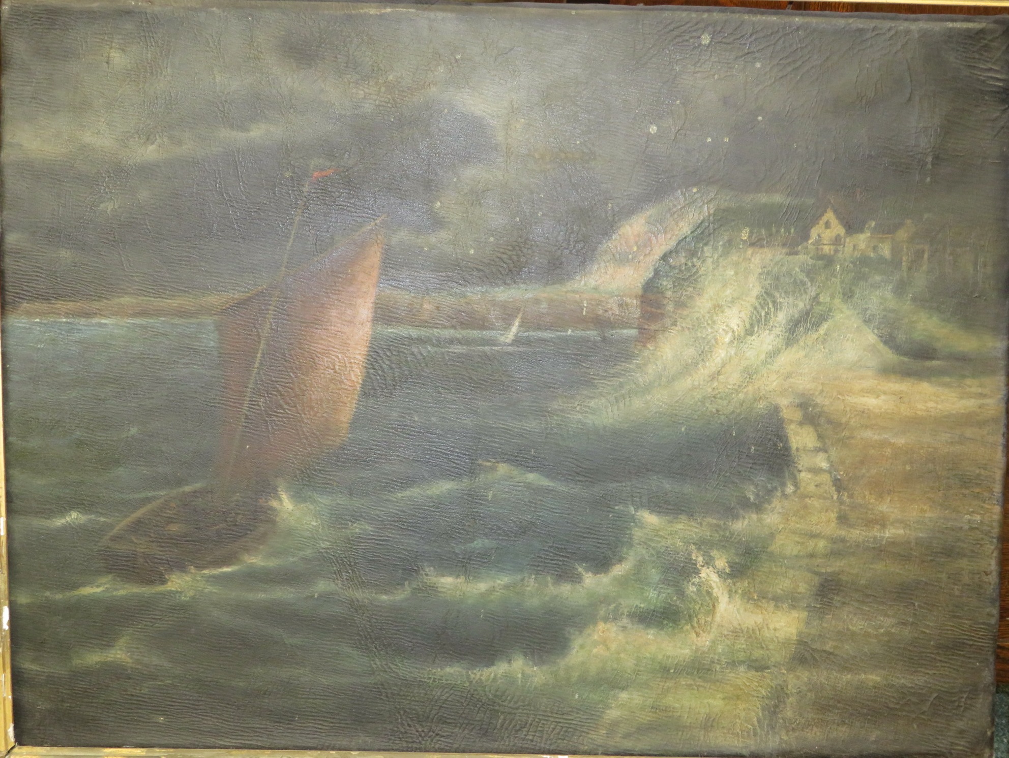 Stormy sea at the Cobb, Lyme Regis, 19th century oil on board, perhaps indistinct signature lower