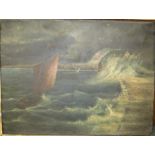 Stormy sea at the Cobb, Lyme Regis, 19th century oil on board, perhaps indistinct signature lower