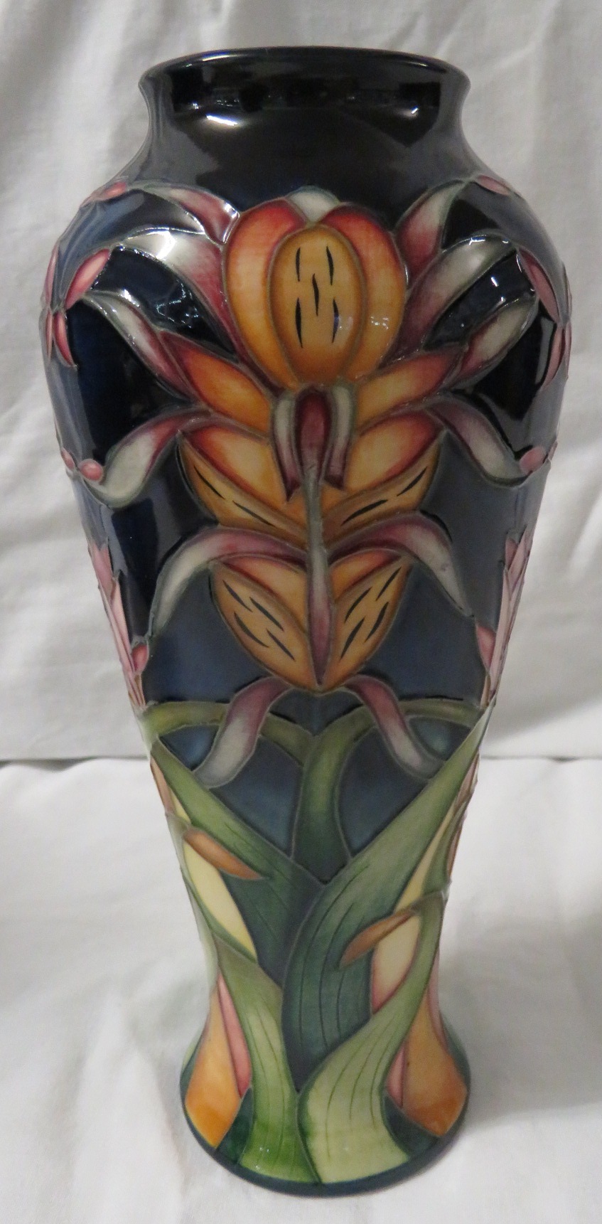 Moorcroft pottery Lizard Orchid three star members vase, high shouldered baluster form, dark blue