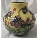 Moorcroft pottery Hepatica vase designed by Emma Bossons, squat ovoid form, cream ground, purple