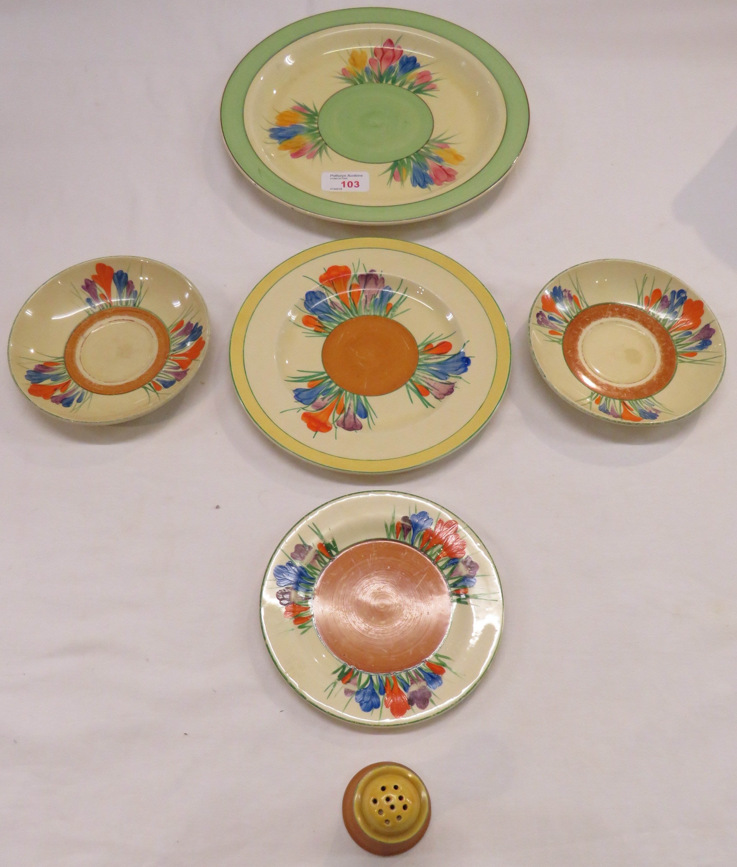 Clarice Cliff crocus pattern ware - Newport pottery plate and pepper pot, Royal Staffordshire tea