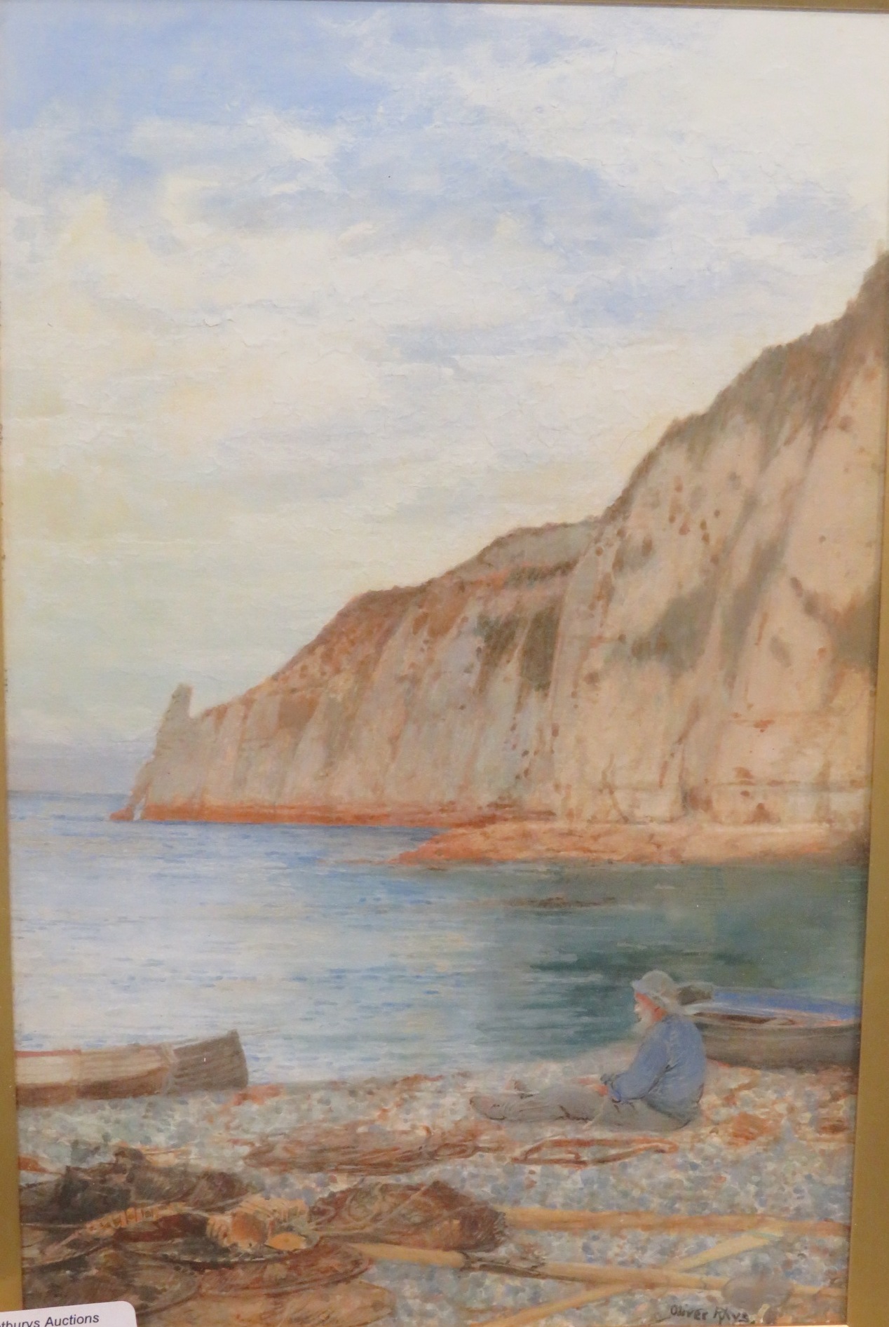 Fisherman sat on shore amongst nets, watercolour and gouache, signed Oliver Rhys lower right, (