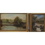 On the Esk, oil on board, titled lower left (18.5cm x 29cm) in a gilt frame, and a small river scene