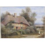 David Pritchard - girl and two white birds by thatched cottage, watercolour, signed lower left, (