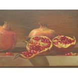 Ian Parker (b 1955) - still life pomegranates, oil on board, signed lower left, (19cm x 29.5cm),