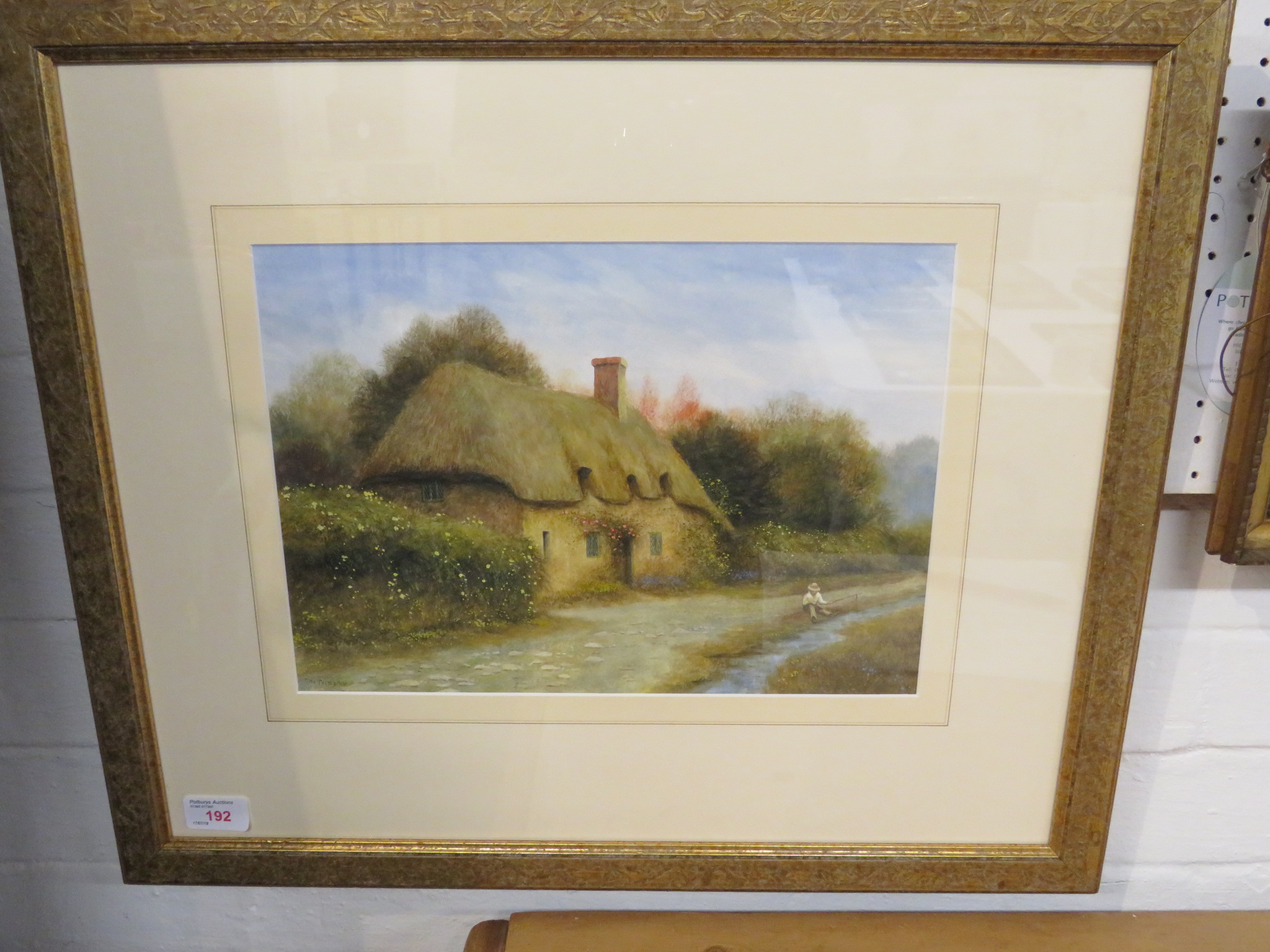 David Pritchard - boy fishing in stream in front of thatched cottage, watercolour, signed lower - Image 2 of 2