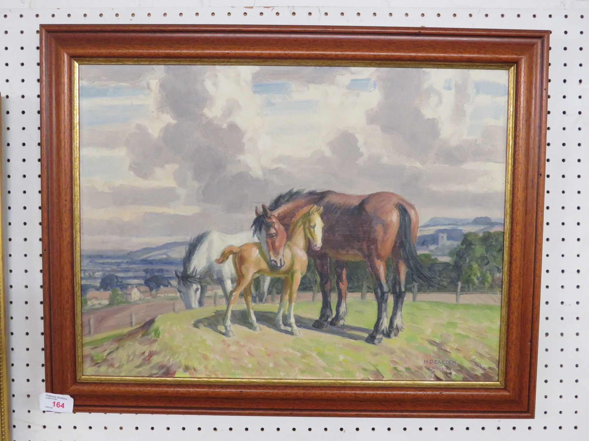 Harold Dearden (1888-1962) - two horses and foal on hill top with town beyond, oil on canvas, signed - Image 2 of 3