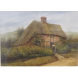 David Pritchard - woman with basket outside thatched cottage, watercolour, signed lower left, (