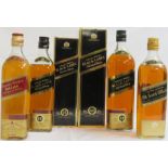 Two boxed bottles of Johnnie Walker black label old Scotch whisky, aged 12 years (1 litre and 75cl);