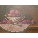 Ian Parker (b 1955), still life plums in bowl, oil on board, signed lower left, (29.5cm x 39.5cm),