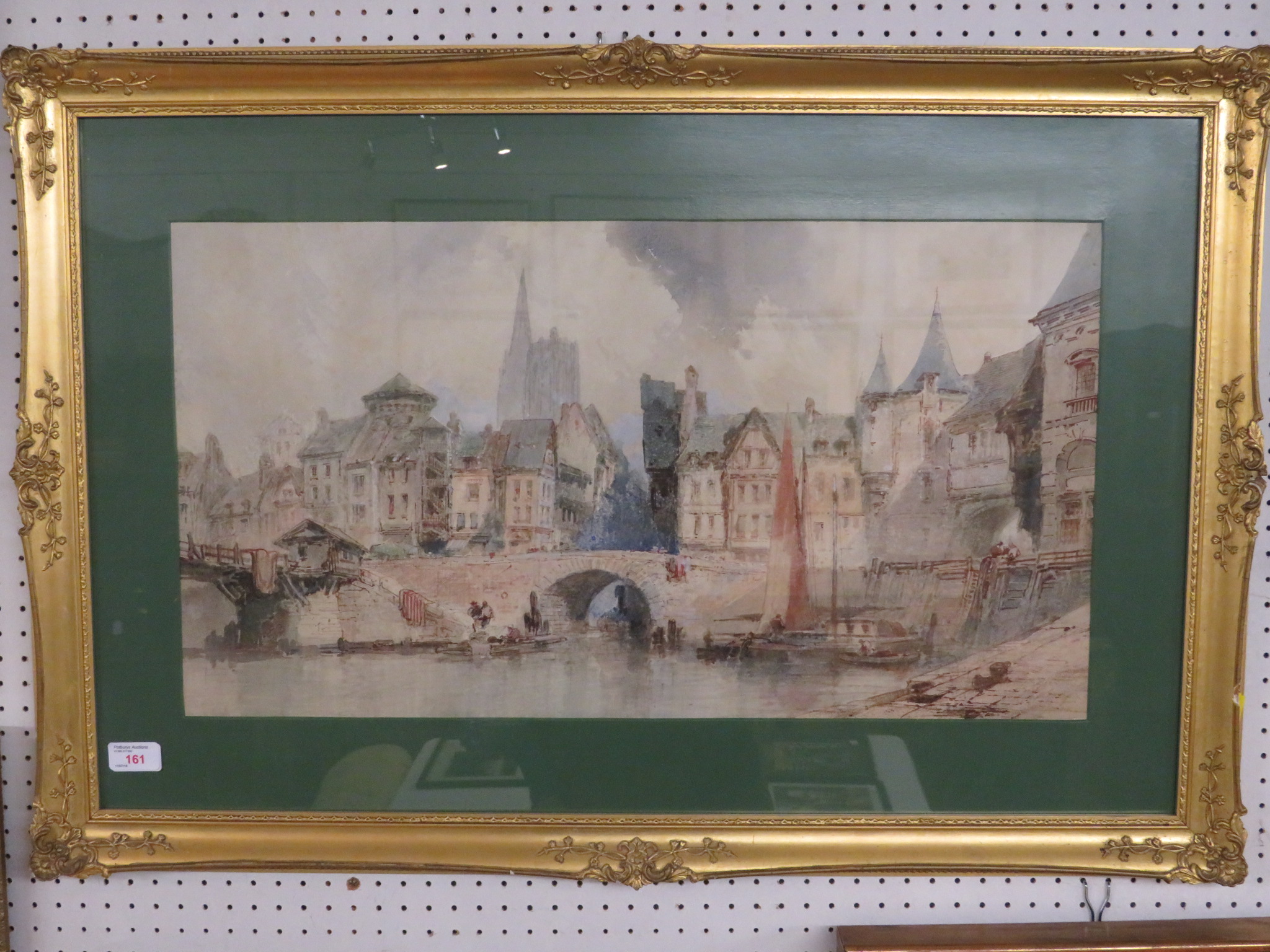 Attributed to Paul Marny - view of Mayenne harbour with church spire beyond, watercolour over pen - Image 2 of 2