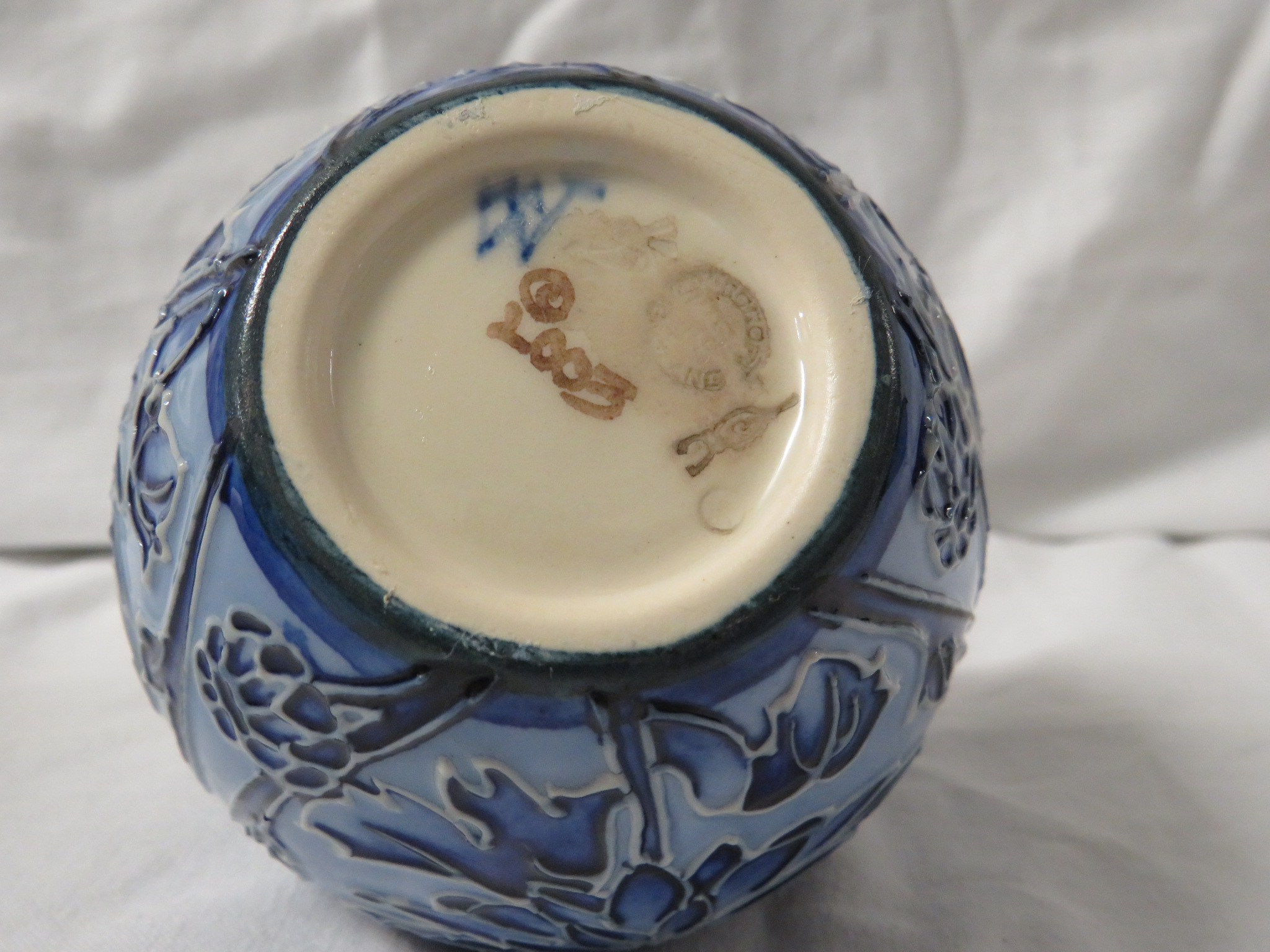 Moorcroft pottery small ovoid vase in the style of Macintyre Florian ware, pale blue with tube lined - Image 4 of 4
