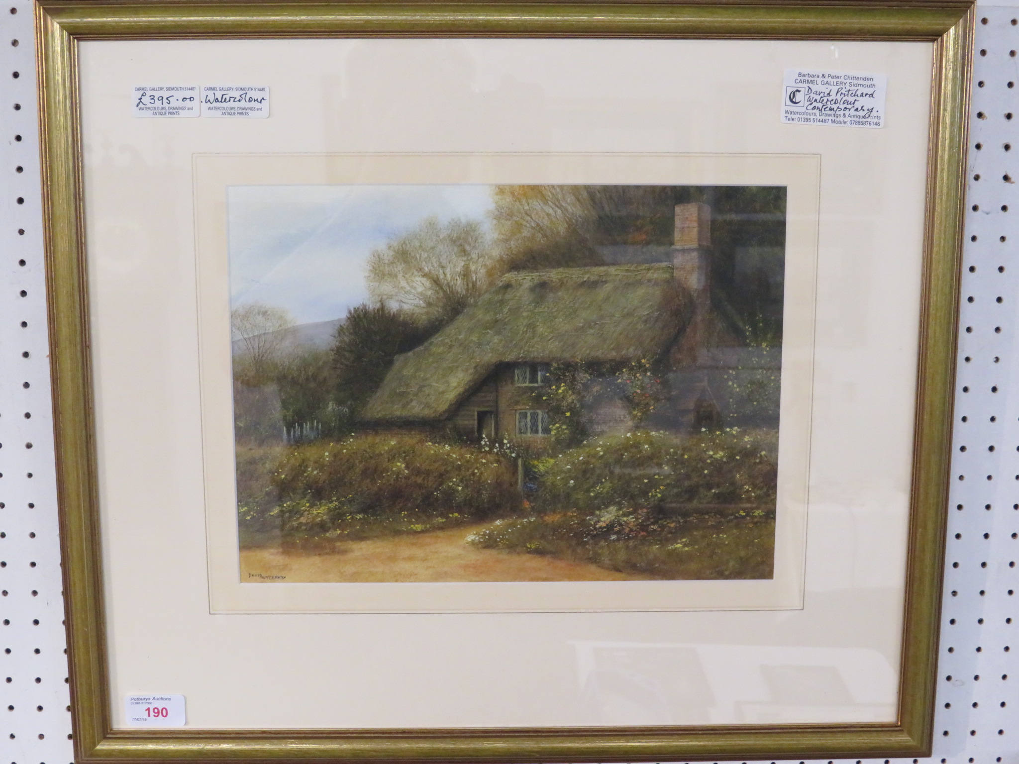 David Pritchard - thatched cottage with flower garden and hill beyond, watercolour, signed lower - Image 2 of 2