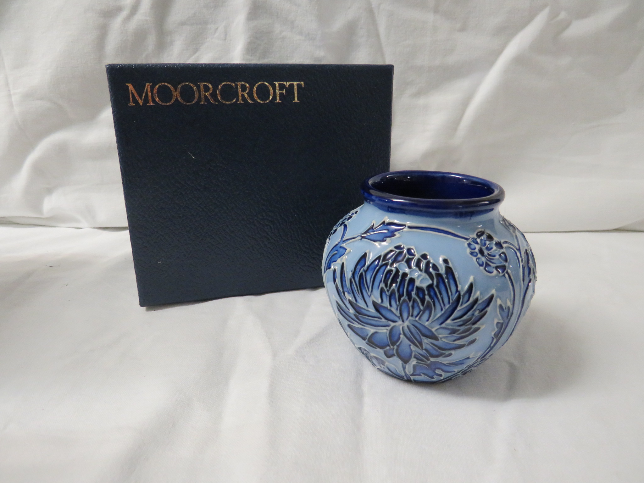 Moorcroft pottery small ovoid vase in the style of Macintyre Florian ware, pale blue with tube lined - Image 2 of 4