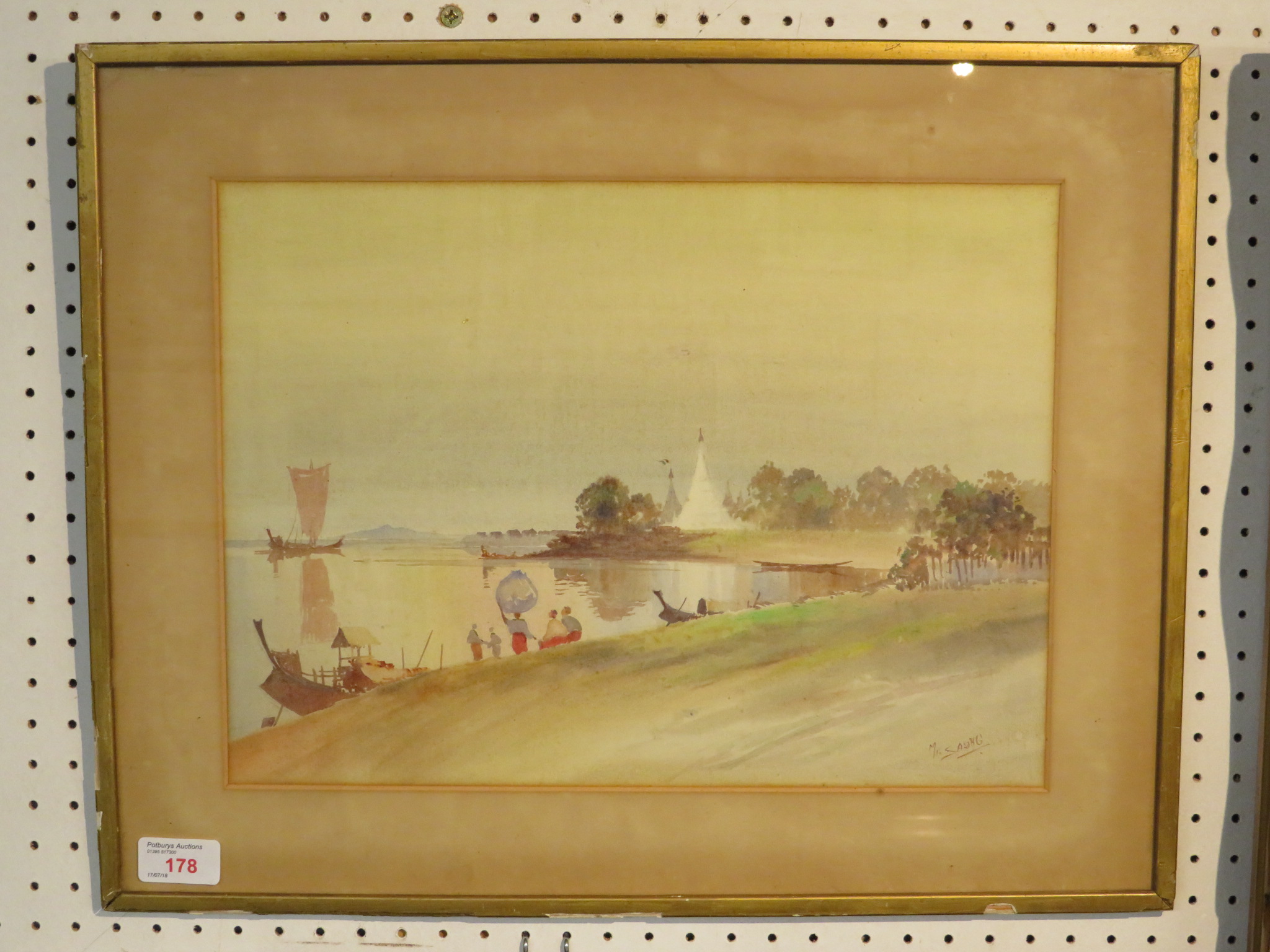 Far eastern lake shore with figures and tents, watercolour, signed MC Saung lower right, (27cm x - Image 2 of 2