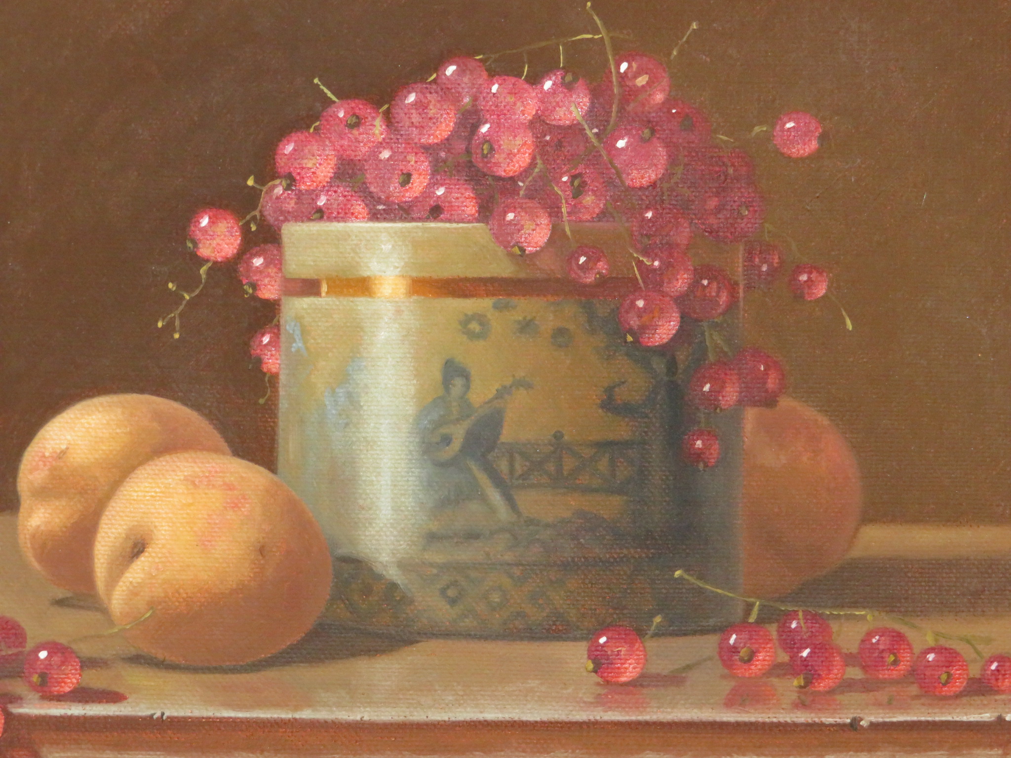 Ian Parker (b 1955) - still life peaches and red currants and with delft jar, oil on board, signed