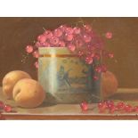 Ian Parker (b 1955) - still life peaches and red currants and with delft jar, oil on board, signed