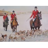 Peter Goodhall - huntsmen riding to hounds in snow, acrylic on board, signed lower left, (49cm x