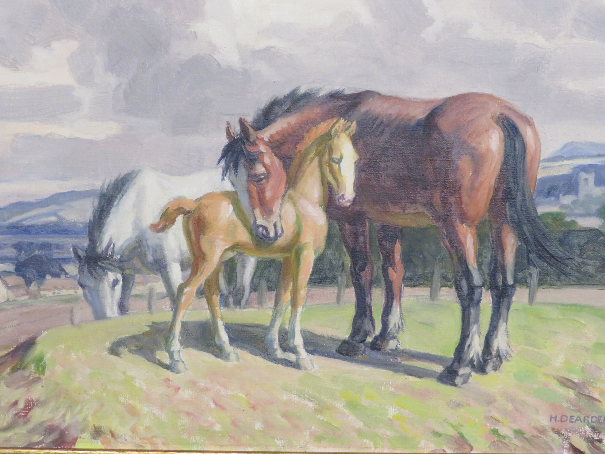 Harold Dearden (1888-1962) - two horses and foal on hill top with town beyond, oil on canvas, signed