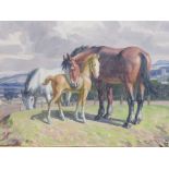 Harold Dearden (1888-1962) - two horses and foal on hill top with town beyond, oil on canvas, signed